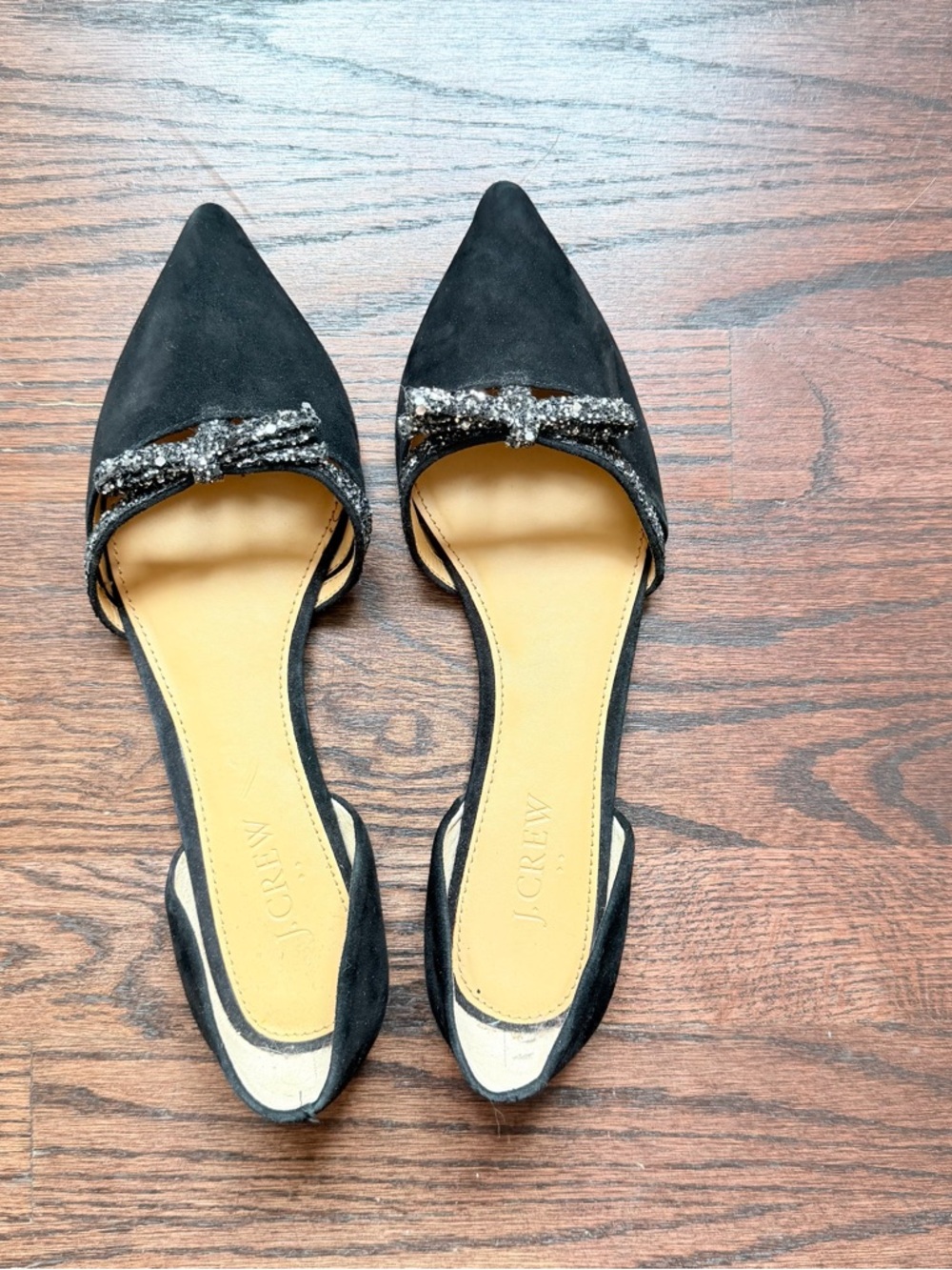 J. Crew Black Suede Pointed D'Orsay Flats with Crystal Bow